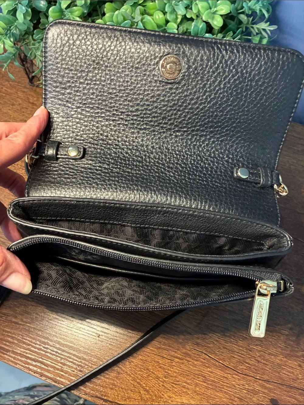 Michael Kors Black Leather Crossbody with Gold Chain Accent